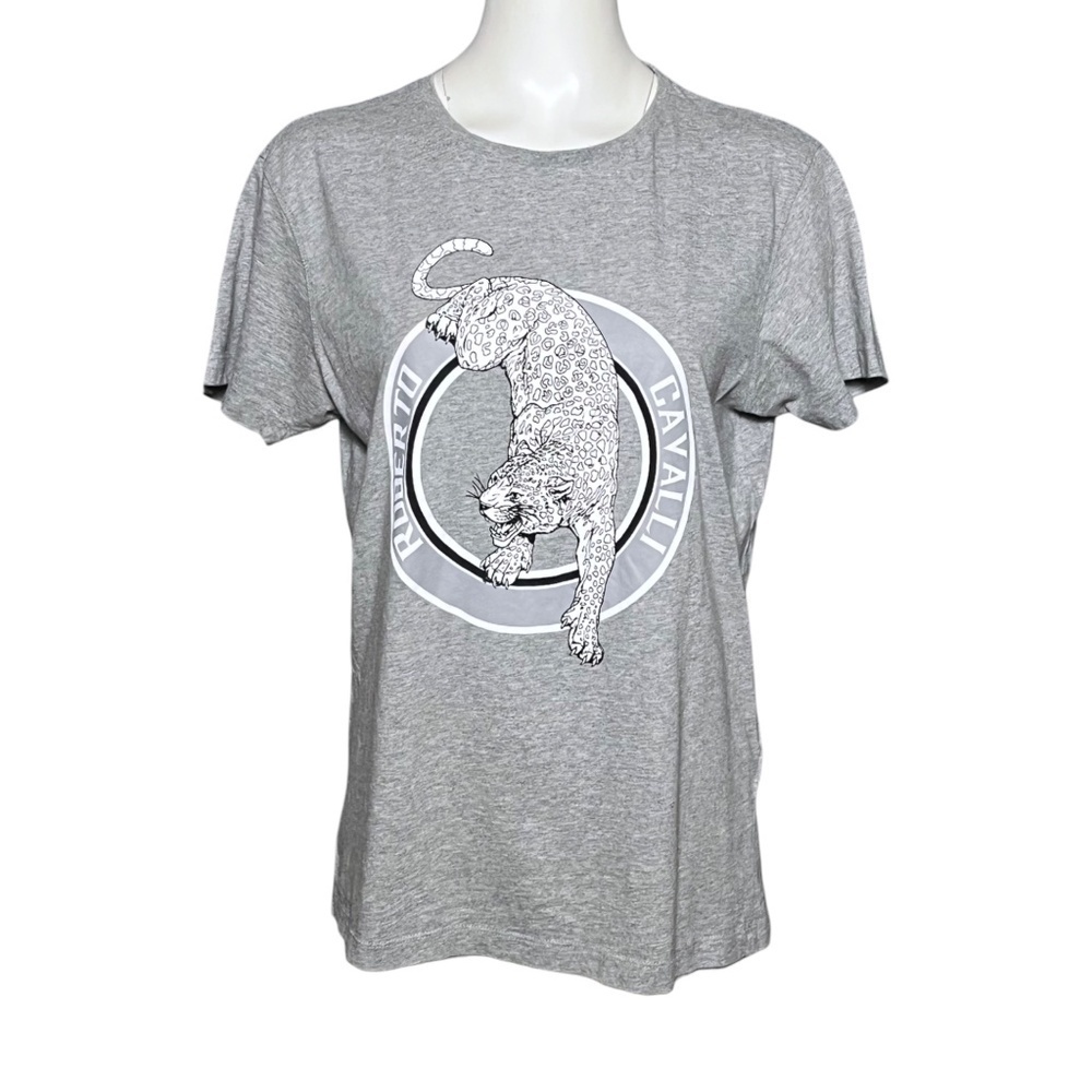 ROBERTO CAVALLI Leopard Logo Print Gray Cotton Crew Neck T-shirt Men's Size XL